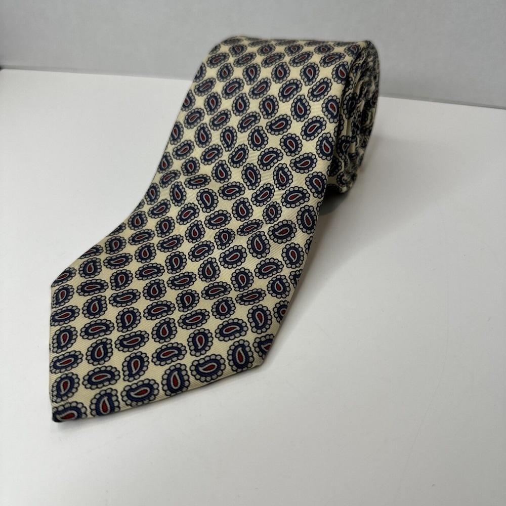 Christian Dior Necktie Men Cream Navy Paisley Medallion Silk Tie Preppy Desinger